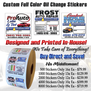 2' X 2' Oil Change  Stickers, Free Custom Graphics, Ships 1 Day After Artwork Approval!