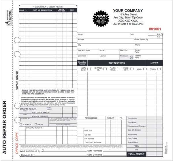 ARO-671-4 | Automotive Repair work Order - 4 Part Carbon Copy (Not Valid CA) (8.5'' x 8.5'')