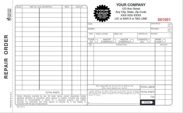 RO-673-3 | Automotive Repair Order - 3 Part Carbon Copy (8.5" x 5")